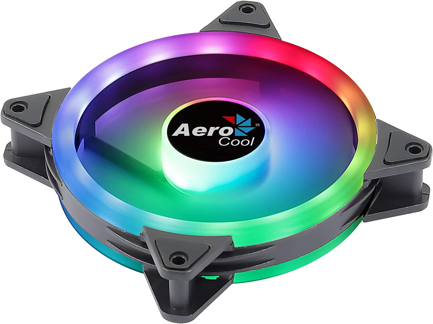 Aerocool Duo 12 PC fan – 120mm Fan with Double Ring RGB LED Lighting and 28 LEDs, Includes a 6-Pin Connector, Curved Blades and Anti-Vibration Pads, ARGB hub Compatible, 1000 RPM, Single Fa