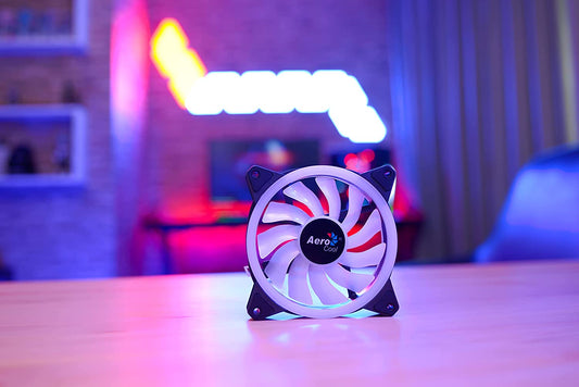 Aerocool Duo 12 PC fan – 120mm Fan with Double Ring RGB LED Lighting and 28 LEDs, Includes a 6-Pin Connector, Curved Blades and Anti-Vibration Pads, ARGB hub Compatible, 1000 RPM, Single Fa