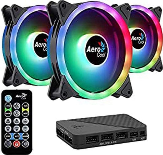 Aerocool Duo 12 Pro Pack – 3 x ARGB Fans 120mm, 1 x H66F RGB Fan Hub, Remote control, Double RGB LED Ring and 18 LEDs, Includes 6-pin connector, Curved Blades and Anti-Vibration Pads, 12v F