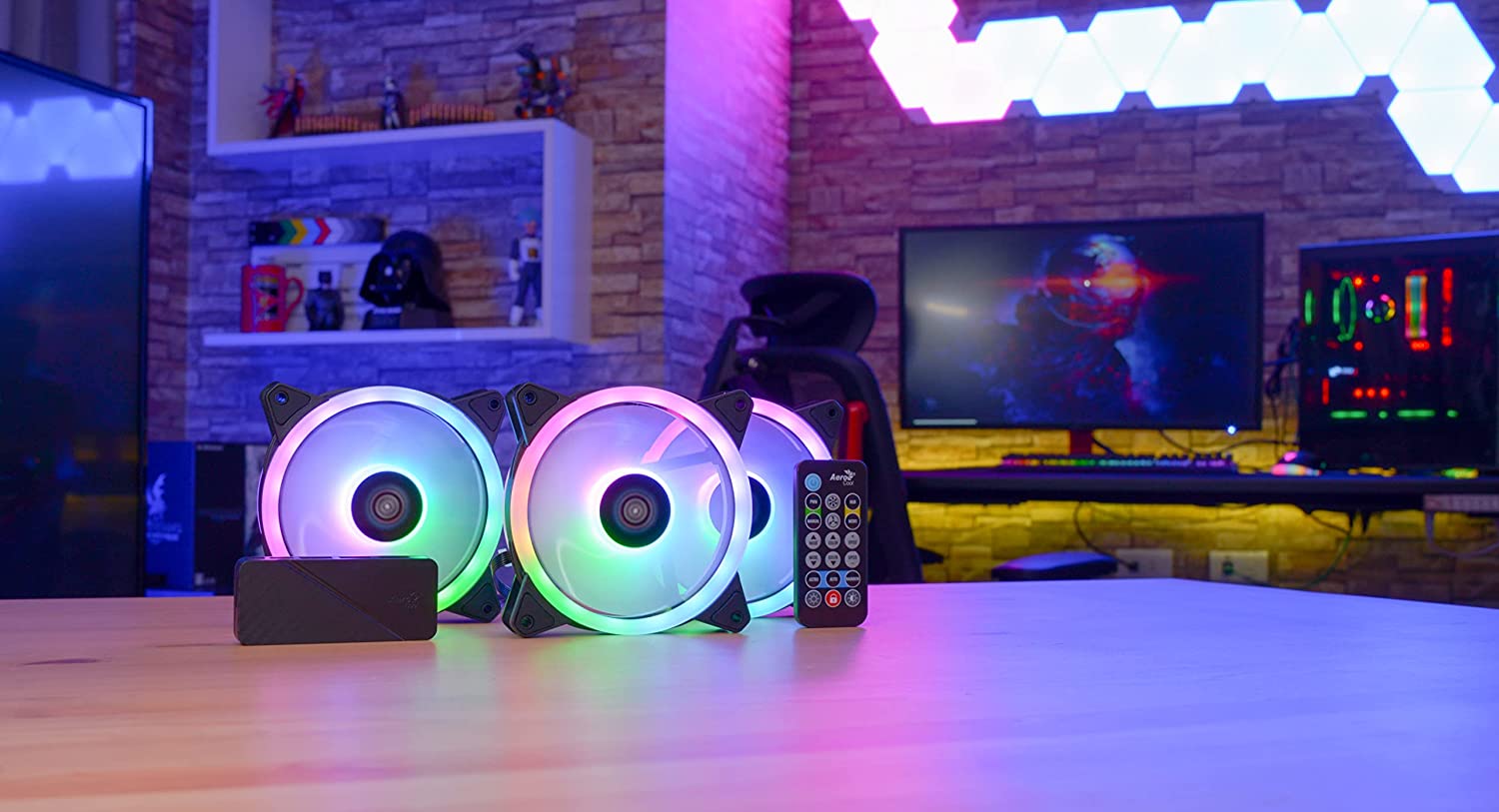 Aerocool Duo 12 Pro Pack – 3 x ARGB Fans 120mm, 1 x H66F RGB Fan Hub, Remote control, Double RGB LED Ring and 18 LEDs, Includes 6-pin connector, Curved Blades and Anti-Vibration Pads, 12v F