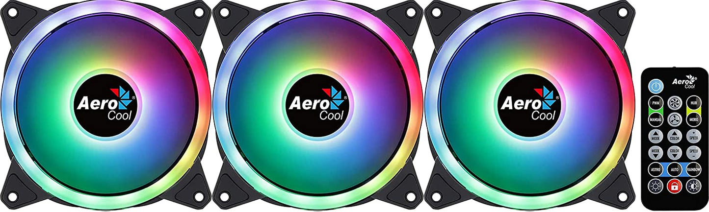 Aerocool Duo 12 Pro Pack – 3 x ARGB Fans 120mm, 1 x H66F RGB Fan Hub, Remote control, Double RGB LED Ring and 18 LEDs, Includes 6-pin connector, Curved Blades and Anti-Vibration Pads, 12v F