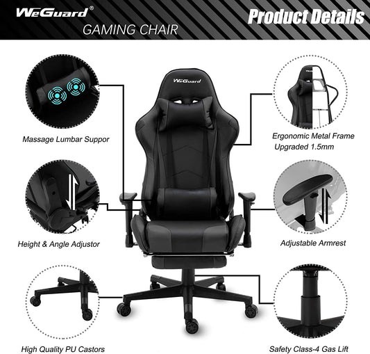 WeGuard Massage Gaming Chair Racing Office Computer Game-Black - Games Corner