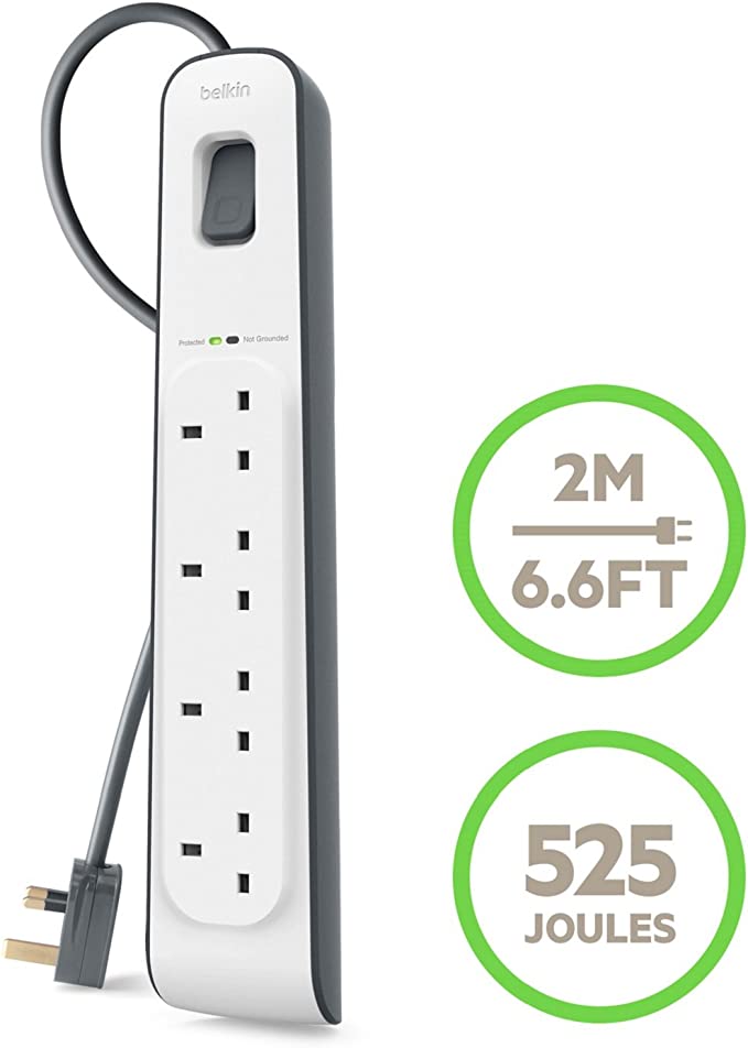 Belkin 4 Way/4 Plug 2 m Surge Protection Extension Lead Strip, White - Games Corner