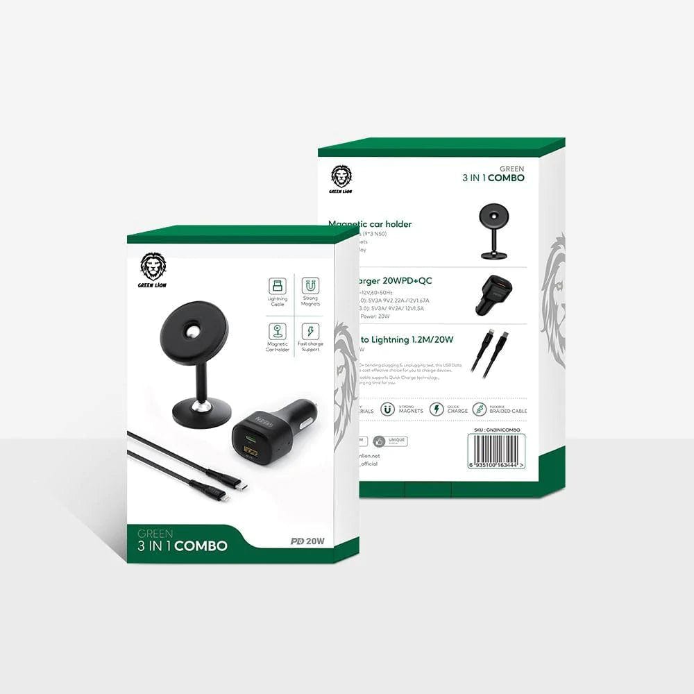 Green lion 3 in 1 combo fast charching car charger with magnetic car phone holder & data cable | gn3in1combo | - Games Corner