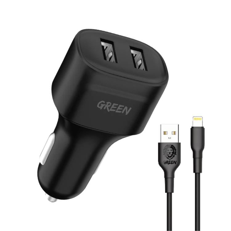 Green Lion Dual Port Car Charger 12W with PVC Lightning Cable 1.2M Black – GNCC24IP6BK - Games Corner