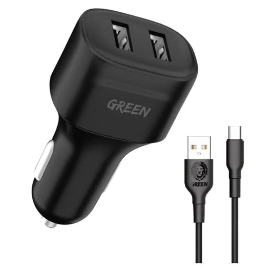 Green Lion Dual Port Car Charger 12W with PVC Type-C Cable 1.2M Black – GNCC24TYCBK - Games Corner