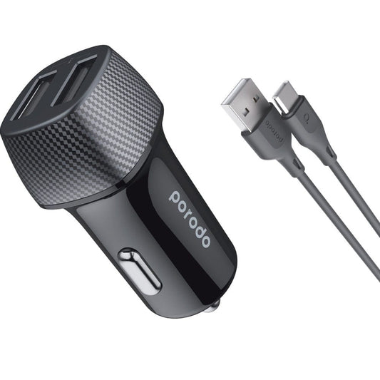 Porodo PD-34CCV2C-BK Dual Port Car Charger 3.4A with 3 Feet Type C Cable Black - Games Corner